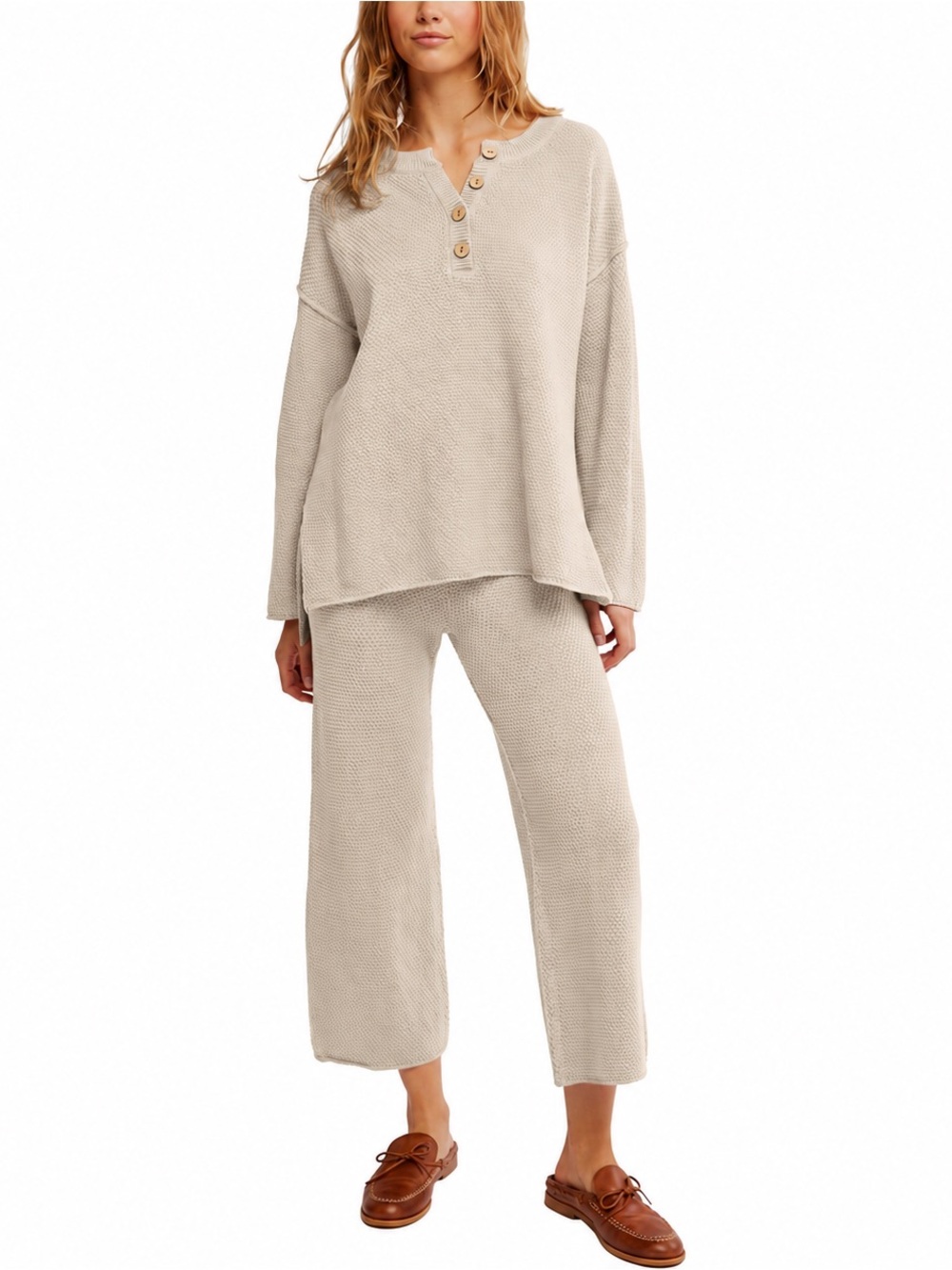 Free People FP Beach Hailee Waffle Knit Lounge Set XS Beige Henley Wide Leg